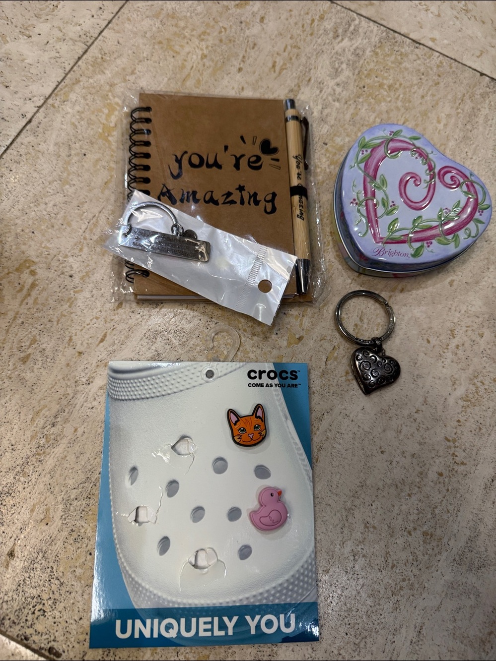 Brighton Lavender & Pink Heart Tin Gift Set with Kraft Notebook & Keychains